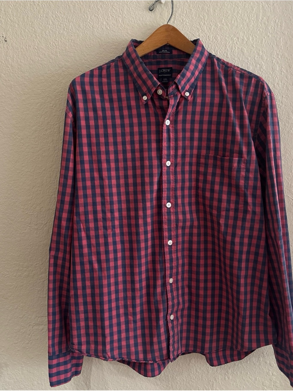 J. Crew Men’s Red & Navy Check Button-Down Performance Shirt 2XL